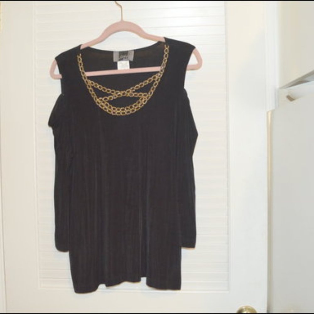 Slinky Brand Black Cold Shoulder Embellished Top Size Large